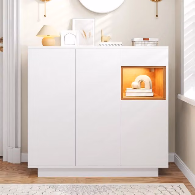 Scarpiera moderna Mivray con illuminazione integrata, ante con chiusura ammortizzata, vani aperti e cassetti, colore bianco e beige, L: 105 cm, P: 39.5 cm, H: 100.5 cm