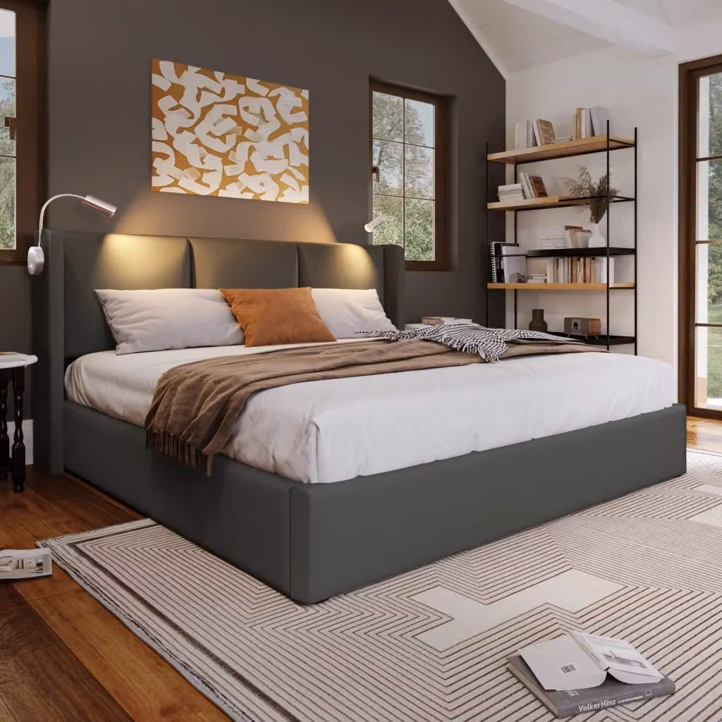 Letto Contenitore REDOM Grigio in Finta Pelle con Lampada da Lettura e Porta USB L/P/H: 180 x 200 x 105 cm – 2