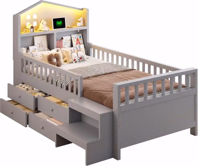 Letto per bambini 90x200 cm con 4 cassetti; LED e porte USB/USB-C; grigio
