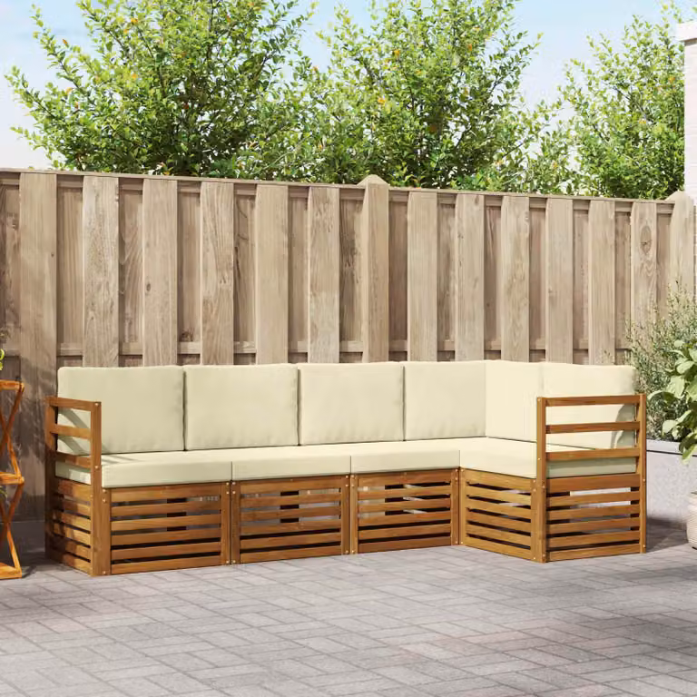 Set di divani da esterno a L vidaXL in legno di acacia con cuscini beige e bianco