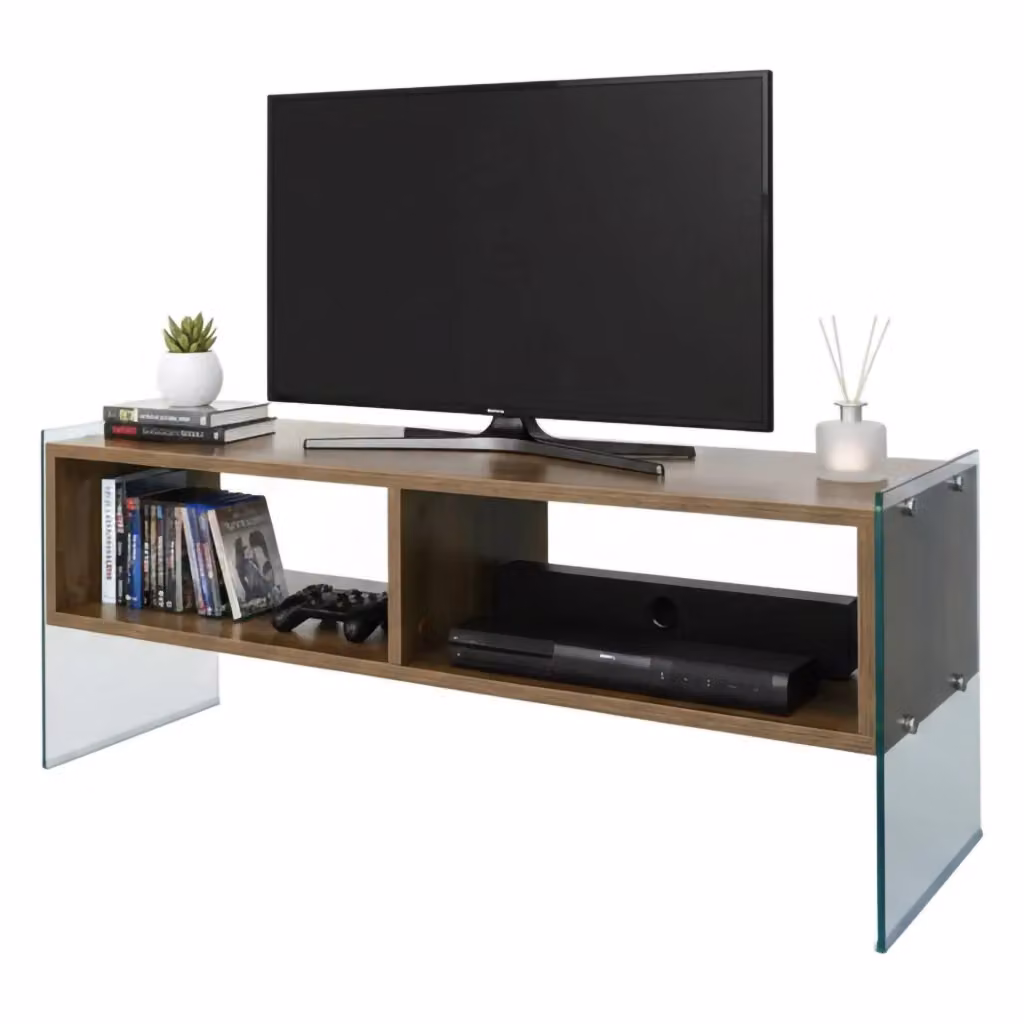 Mobile porta TV Winifred DMORA in legno e vetro, Credenza da soggiorno moderna color marrone, L: 120 cm, P: 35 cm, H: 45 cm – 2