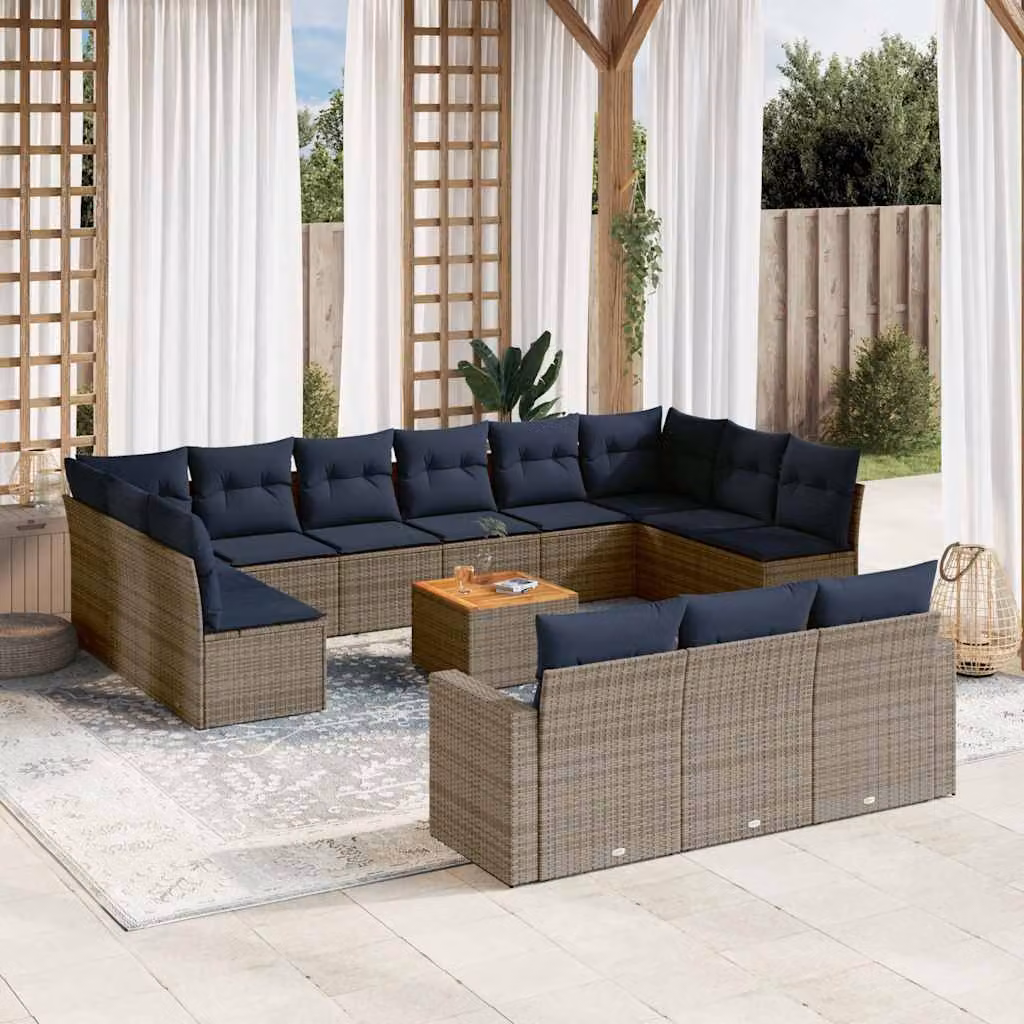 Set di divani da giardino vidaXL a forma di U in polyrattan grigio con cuscini blu e coperture rimovibili – 1