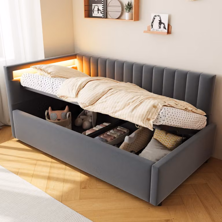 Letto imbottito 90x200 cm, grigio, rivestito in velluto, con illuminazione LED, spazio contenitore ad apertura idraulica e rete a doghe, ideale per la camera da letto
