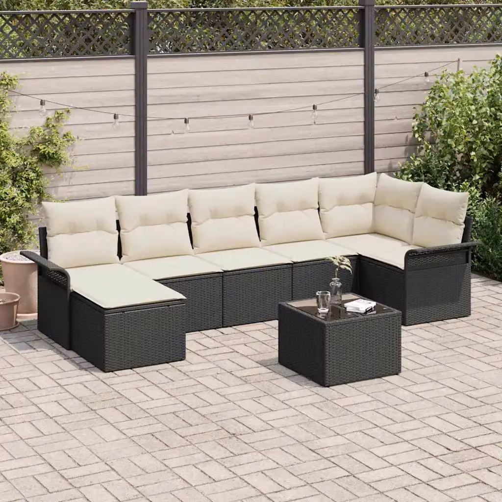 Set Divano da Giardino a L vidaXL in Polyrattan Nero con Cuscini e Tavolino da Esterno 8 Pezzi – 1