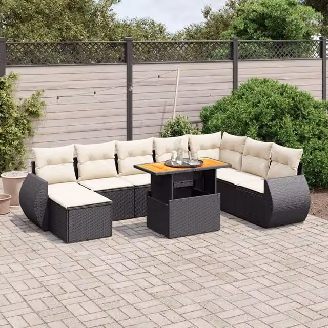Set Divani da Giardino 9 pz con Cuscini Nero in Polyrattan 3275849