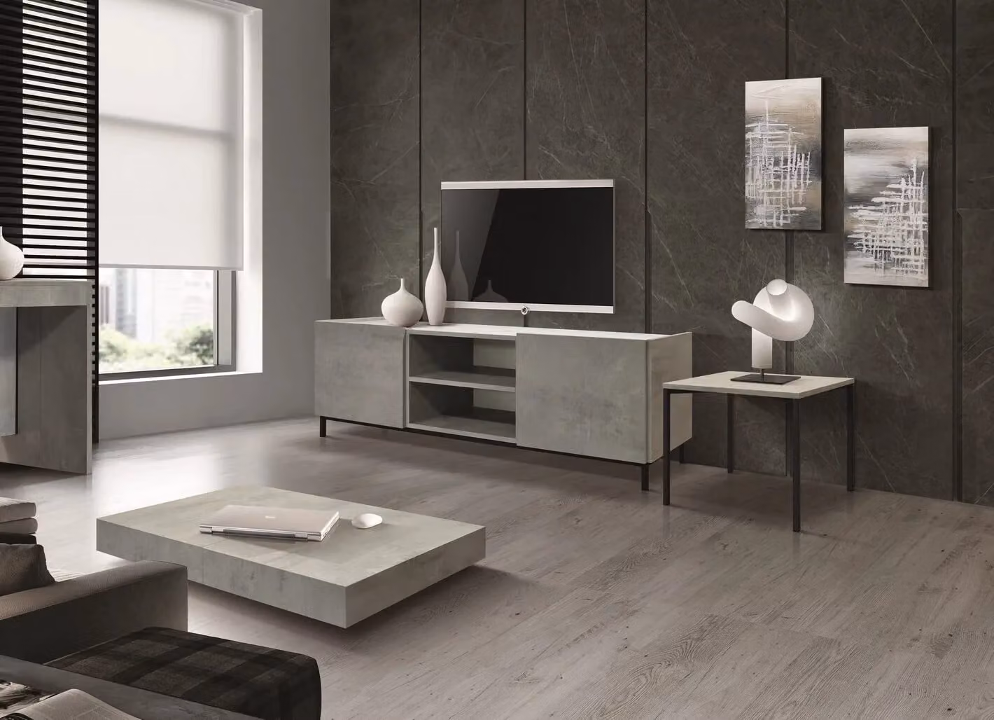 Porta Tv PIETRASANTA in legno, finitura in grigio cemento, piano effetto marmo statuario, 160×45 cm