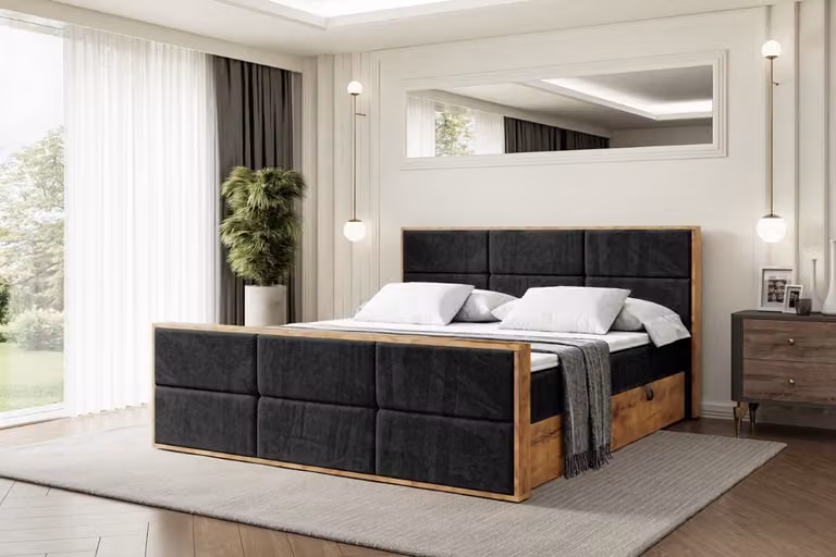 Letto boxspring ALTDECOR con materasso e rete a doghe, topper, pediera, letto imbottito con contenitore, letto con spazio contenitivo e materasso H4, letto matrimoniale, letto a cassettoni - LOLLI1-Z - 120x200 - Nero Casablanca