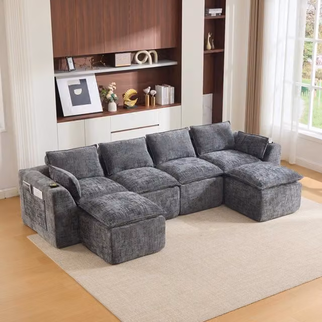 Divano modulare 4 posti con tasche laterali e cuscini in tessuto chenille grigio scuro per salotto 322 × 161 × 75 cm