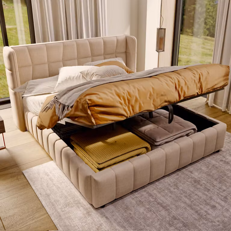 Letto imbottito 180 x 200 cm, letto matrimoniale con rete a doghe, schienale e sistema di stoccaggio pneumatico