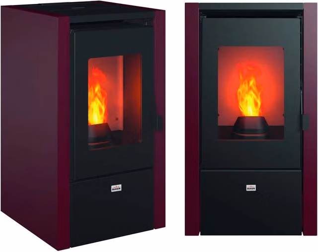 Stufa a pellet Queen Little 6 da 6,2 kW/h con tecnologia wifi, colore rosso e struttura in metallo, L/P/H: 76,5 x 44 x 42,5 cm