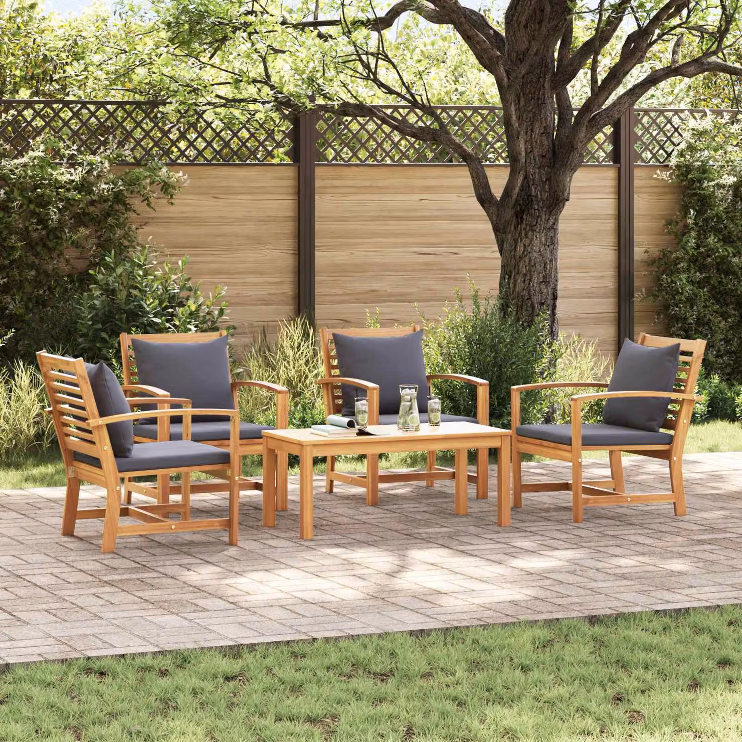 Set Divano da Giardino vidaXL in 5 Pezzi in Legno di Teak Solido con Cuscini e Tavolino da Esterno Naturale – 1