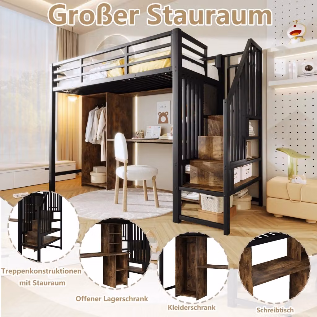 Letto a castello moderno CIPACHO in metallo e MDF nero con armadio, scrivania e scale, L/P/H: 200 x 90 x 251,2 cm – 2