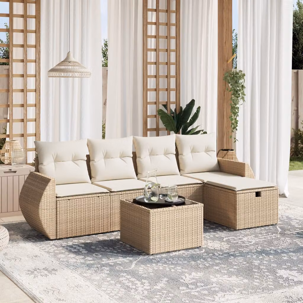 vidaXL Set Divano da Giardino a L composto da 6 pezzi con Cuscini Beige e Tavolino in Vetro – 1