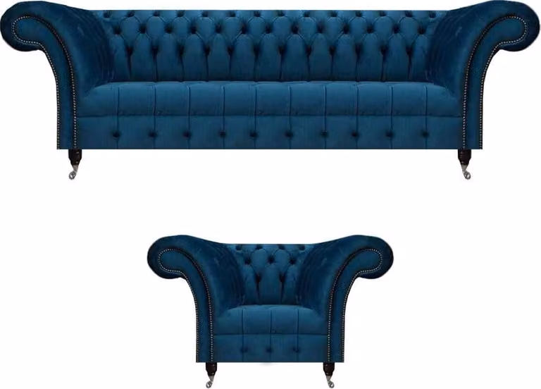Dunkelblaue Chesterfield Polstermöbel Schicker 3-Sitzer Lehnsessel 2tlg