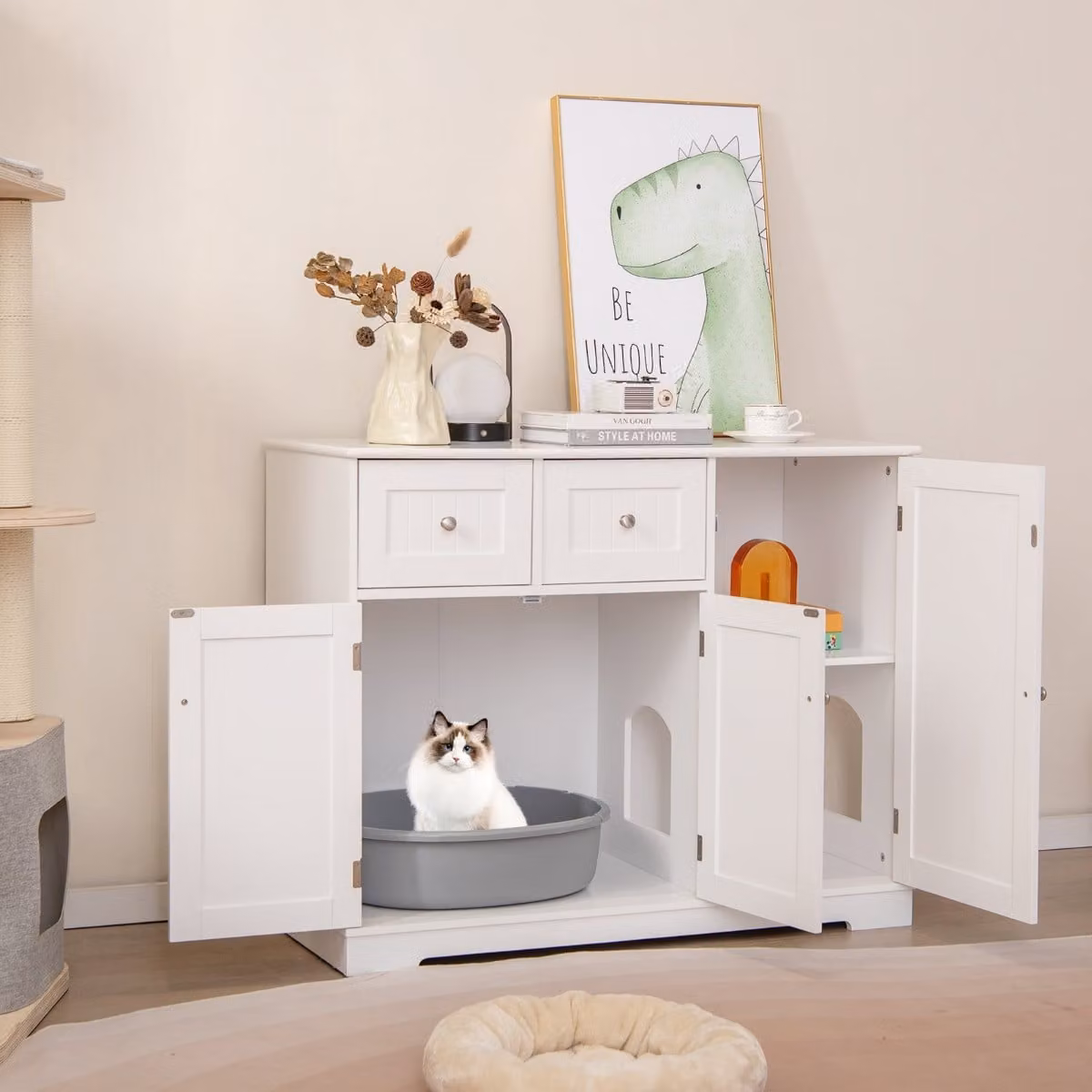Mobile per lettiera per gatti Costway con 2 cassetti e 3 porte, design moderno in MDF bianco