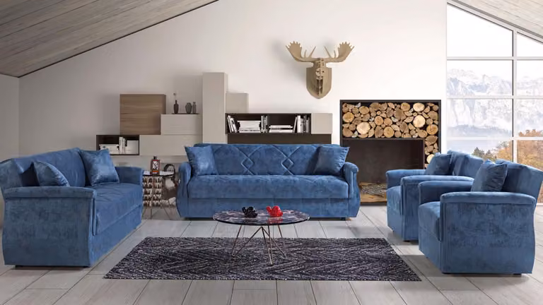 Sofagarnitur 3+2+1+1 Holz Wohnzimmer Luxus Sofa Modern Stoff Komplett