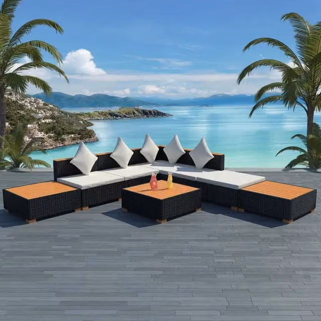 Set Divani da Giardino 8 pz con Cuscini in Polyrattan Nero 42756