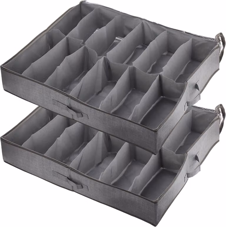 Contenitore per scarpe da riporre sotto il letto, colore grigio, 12 scomparti, confezione da 2, ideale per la camera da letto