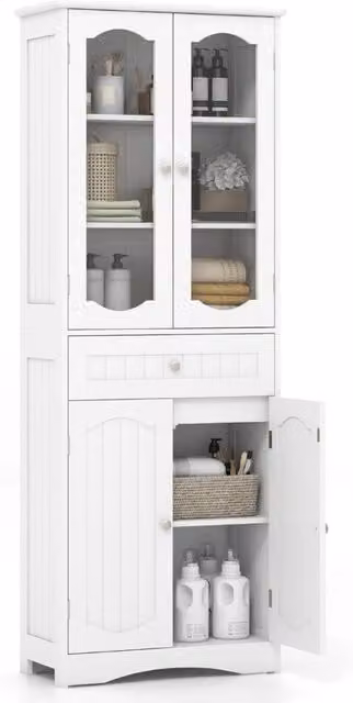 Armadio da bagno alto-Mobiletto da bagno 160cm con 2 porte in vetro 2 ripiani regolabili e 1 cassetto, Mobile autonomo per cucina Bianco