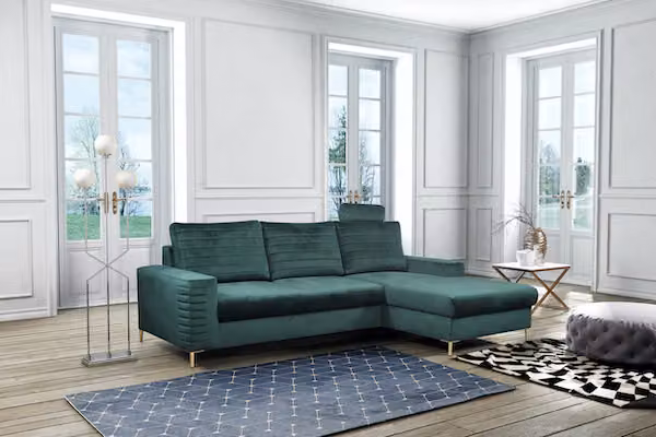 Divano angolare "Collin" divano angolare funzione letto Jungle verde / piedi oro Recamiere destra