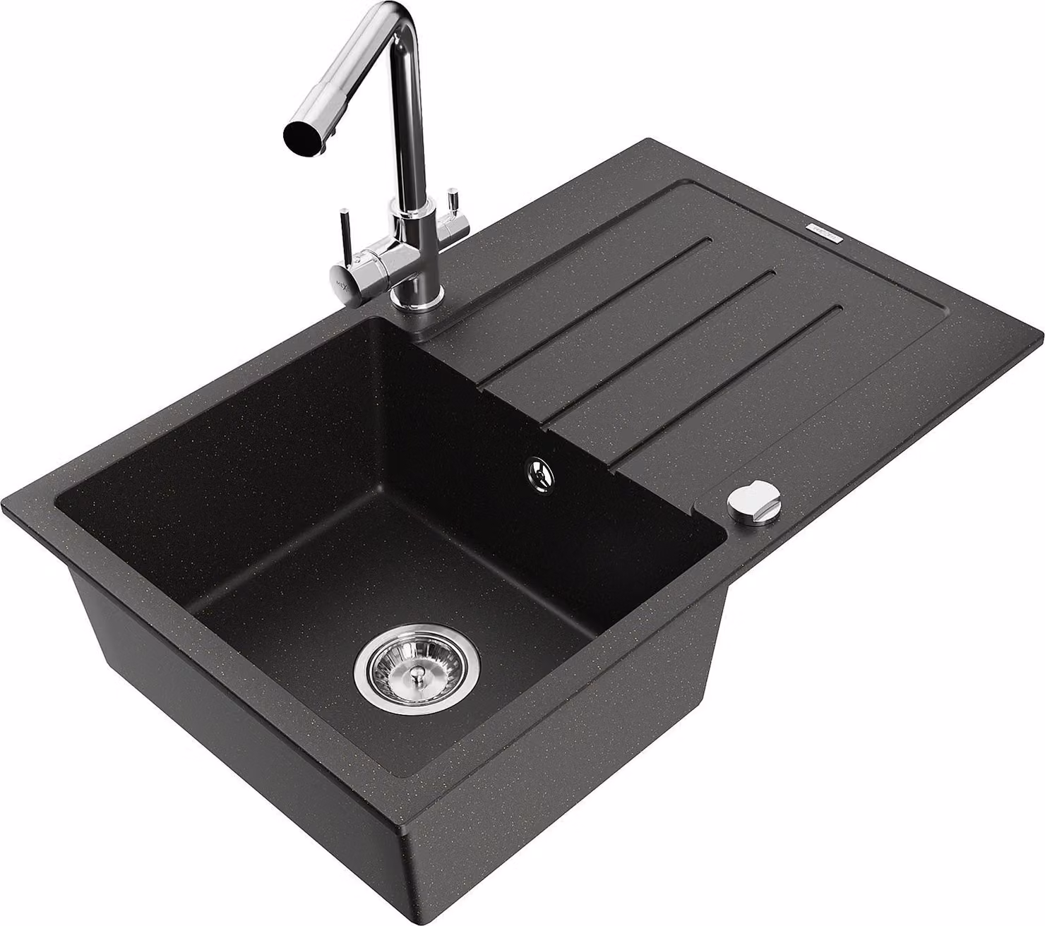 Mexen Bruno lavello in granito a 1 vasca con scolapiatti e rubinetto da cucina Duero, nero/oro metallizzato - 6513-75-671600-00