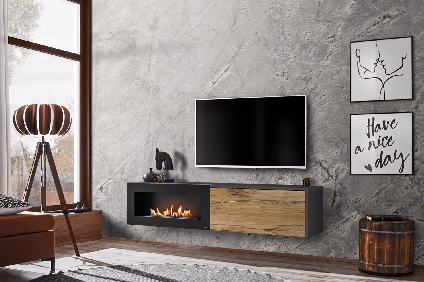 Tavolino per TV con biocamino AGRIA - antracite / rovere flagstaff