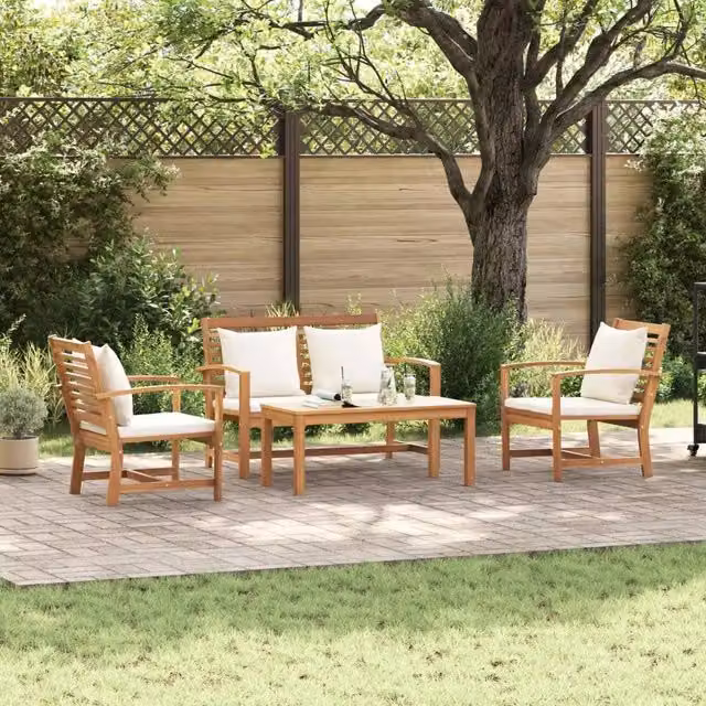 vidaXL Set Divano da Giardino 4 pz in Legno di Teak Solido Naturale con Cuscini Marroni
