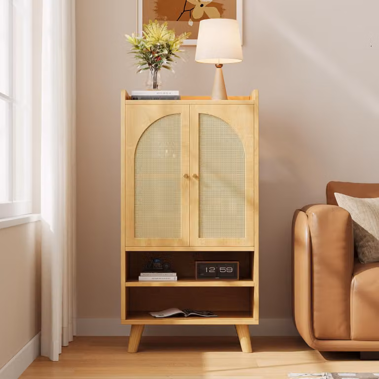 Merax Sideboard Comò con 2 ante in rattan e 2 scomparti aperti, mobile contenitore, credenza in legno per soggiorno, cucina o ingresso, 60×40×121 cm, naturale