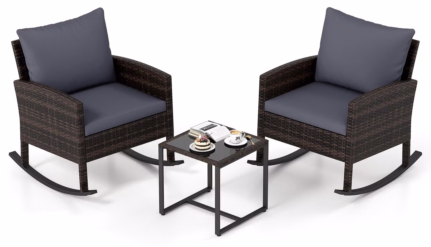 Set di mobili da giardino COSTWAY da 3 pezzi, mobili da balcone in polyrattan con 2 sedie a dondolo e tavolo in vetro, set da balcone e terrazza con 2 cuscini di seduta e 2 cuscini per lo schienale