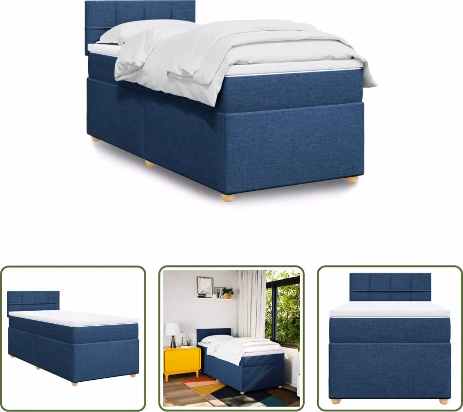 The Living Store Letto a molle con materasso blu 90x190 cm in tessuto