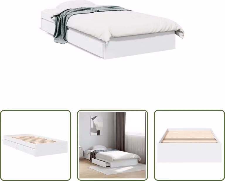 The Living Store Giroletto con cassetti bianco 90x200 cm in materiale ligneo