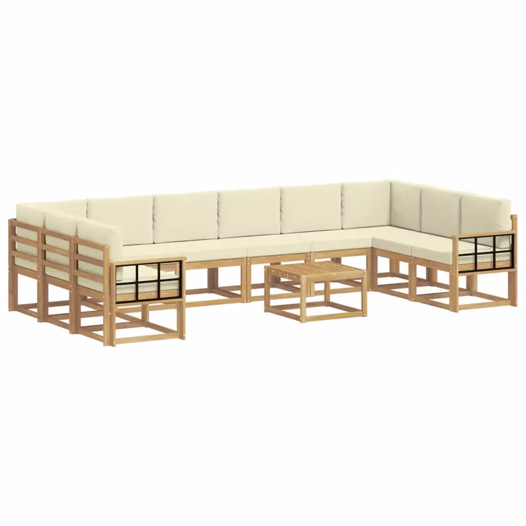 Set di divani da esterno a L vidaXL in legno di acacia con tavolo da caffè e cuscini, Bianco e Beige – 2