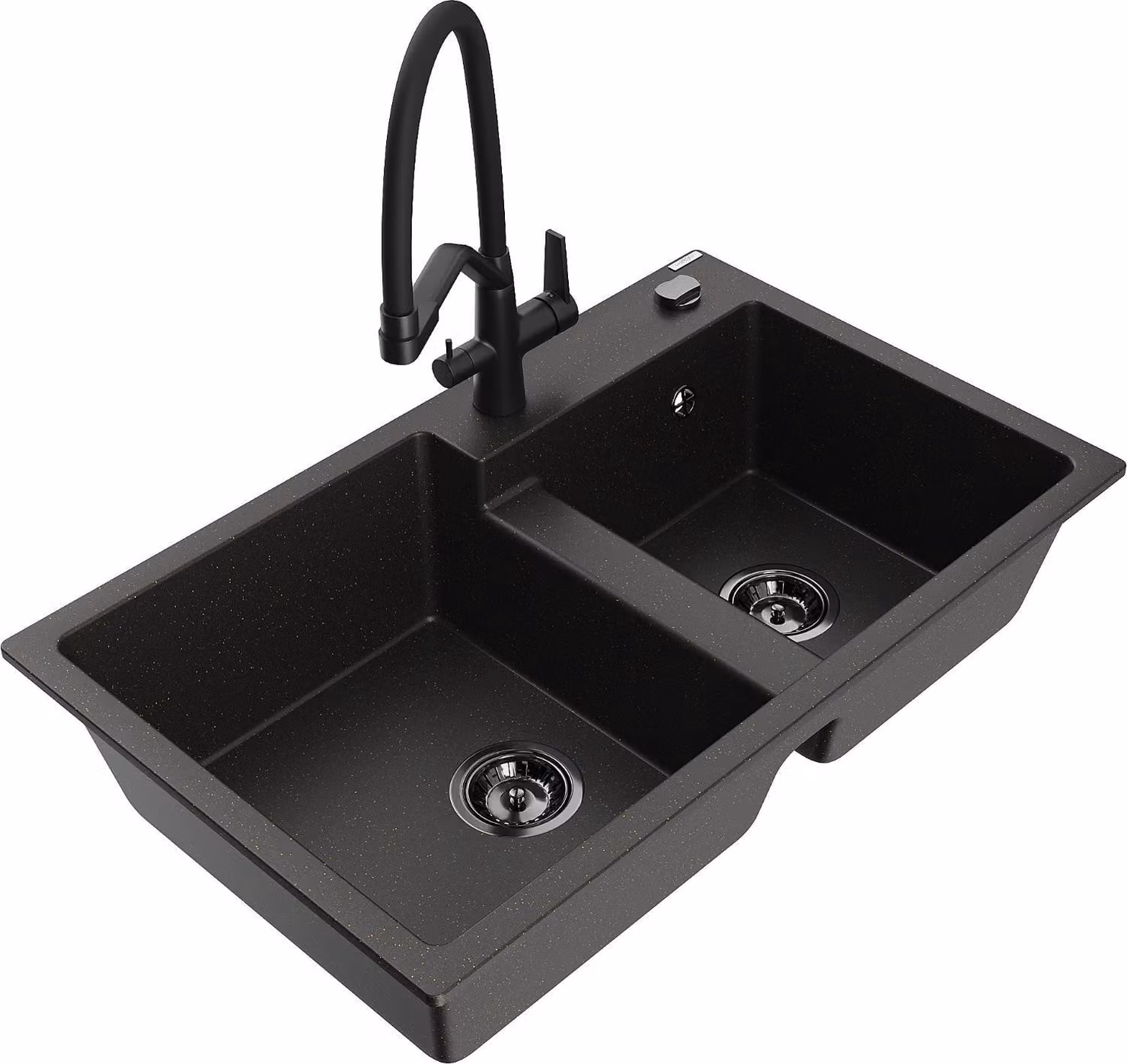 Mexen Tomas lavello in granito a 2 vasche con rubinetto da cucina Duo, nero/oro metallico - 6516-75-671701-70-B