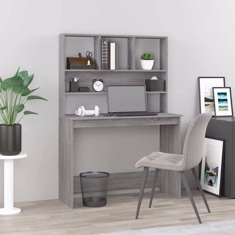 Scrivania con mensole vidaXL in legno multistrato e MDF, colore Grigio Sonoma, L 102 cm x P 45 cm x H 148 cm
