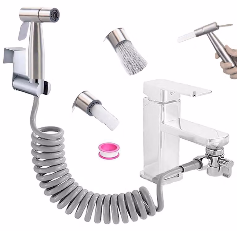 Set di doccetta manuale in acciaio inossidabile per bidet, spruzzatore per WC con doppia valvola e dispenser integrato per il rubinetto