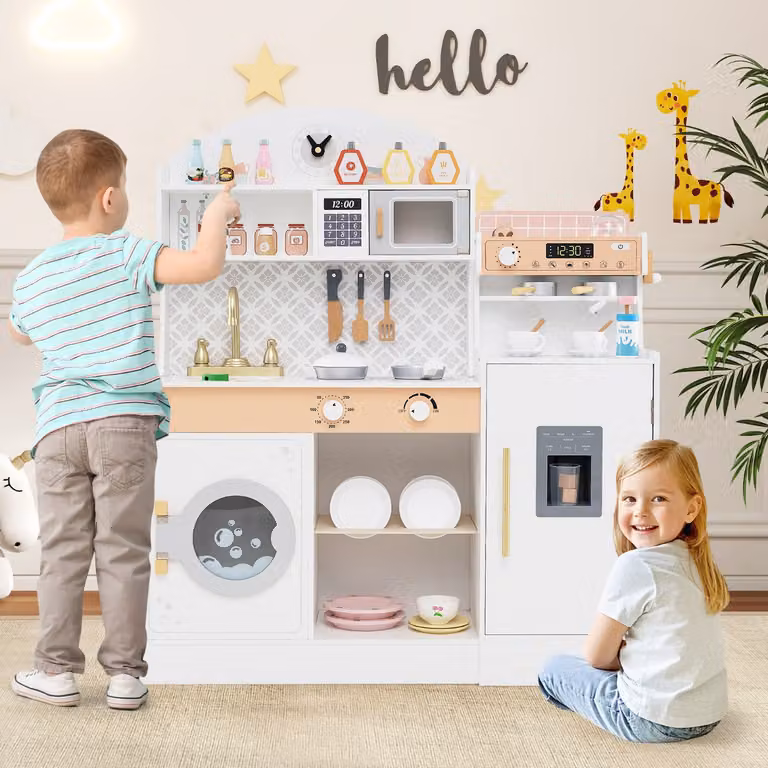 Set cucina per bambini Costway in legno con spazio di conservazione e accessori, colore bianco