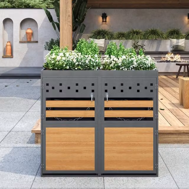 Set di 2 box per bidoni con tetto piantumabile; 132×80×125 cm; acciaio zincato; antracite