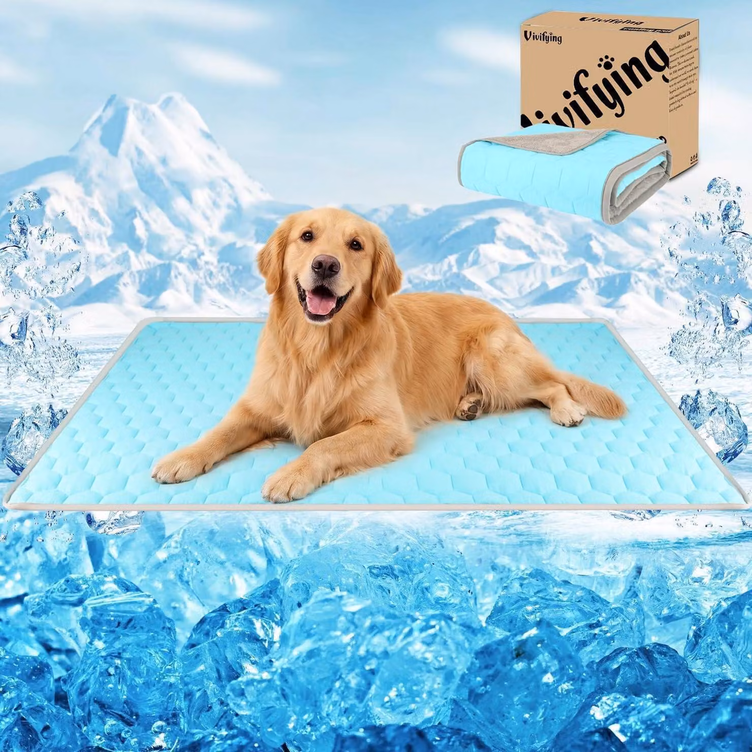 Tappetino refrigerante per cani, 152 x 101 cm, impermeabile, reversibile, in tessuto effetto seta e velluto, auto-raffreddante, lavabile, colore blu/grigio