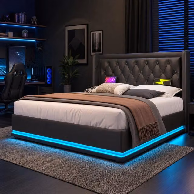 Letto contenitore REDOM in ecopelle nera con illuminazione LED e porta di ricarica USB Type-C, L/P: 160 x 200 cm
