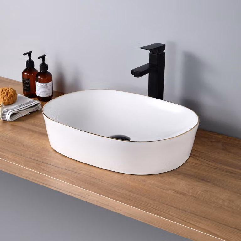 Lavabo da appoggio ovale, in Vetroceramica, bianco/oro, 50x38x12 cm