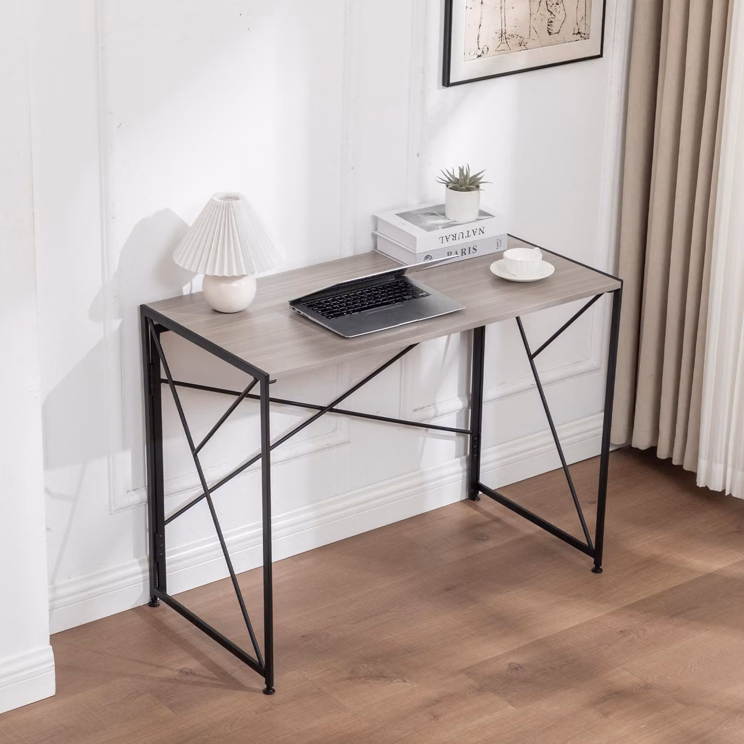 Scrivania okwish con gambe in metallo, design semplice, scrivania per computer 99x50x75 cm, salvaspazio, ideale per piccoli appartamenti, stile naturale