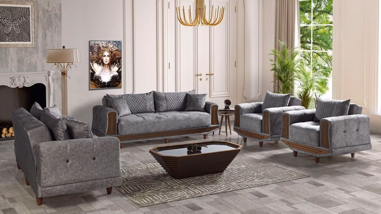 Sofagarnitur 3+2+1+1 Sitzer Textil Holz Sofa 3 Sitzer Modern Sessel Komplett Set