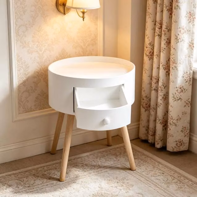 Comodino Rotondo con Cassetto in MDF e Legno Massello, 38x38x45 cm, Colore Legno Chiaro e Bianco