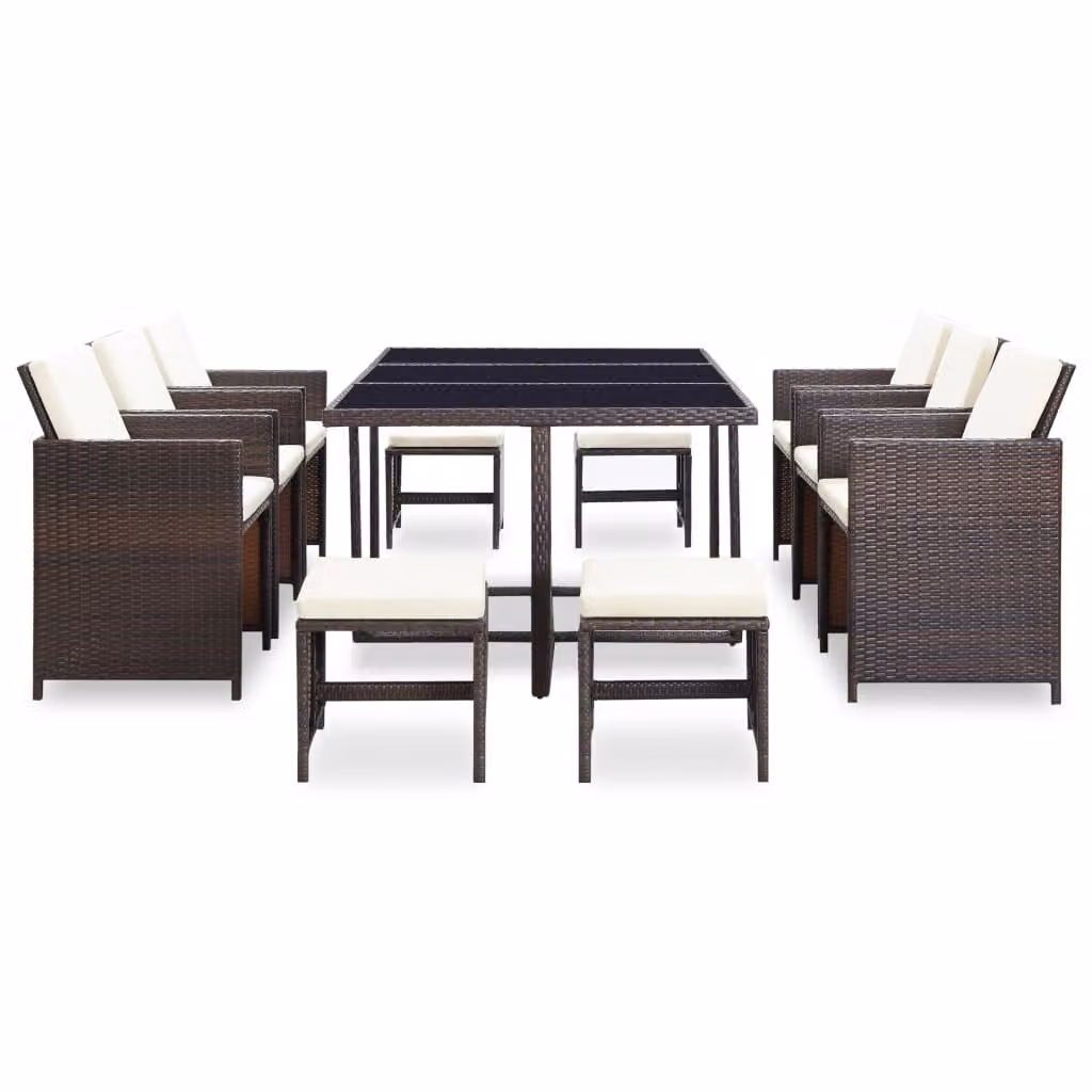Set da Pranzo da Giardino 11 pz con Cuscini Polyrattan Marrone