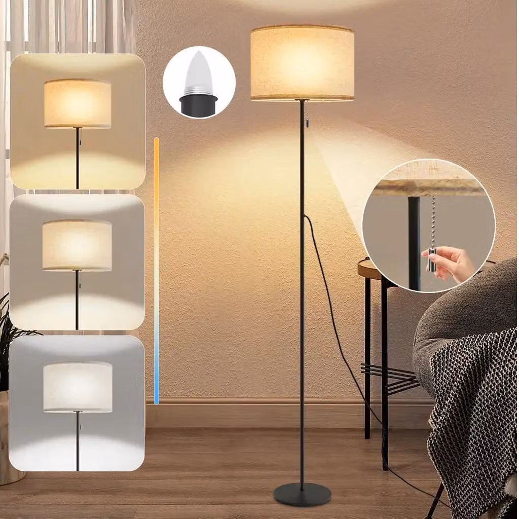 ZMH lampada da terra soggiorno dimmerabile tessuto LED lampade da terra 136cm lampada da terra beige paralume lampade da terra vintage 3000K-6500K con interruttore a strappo