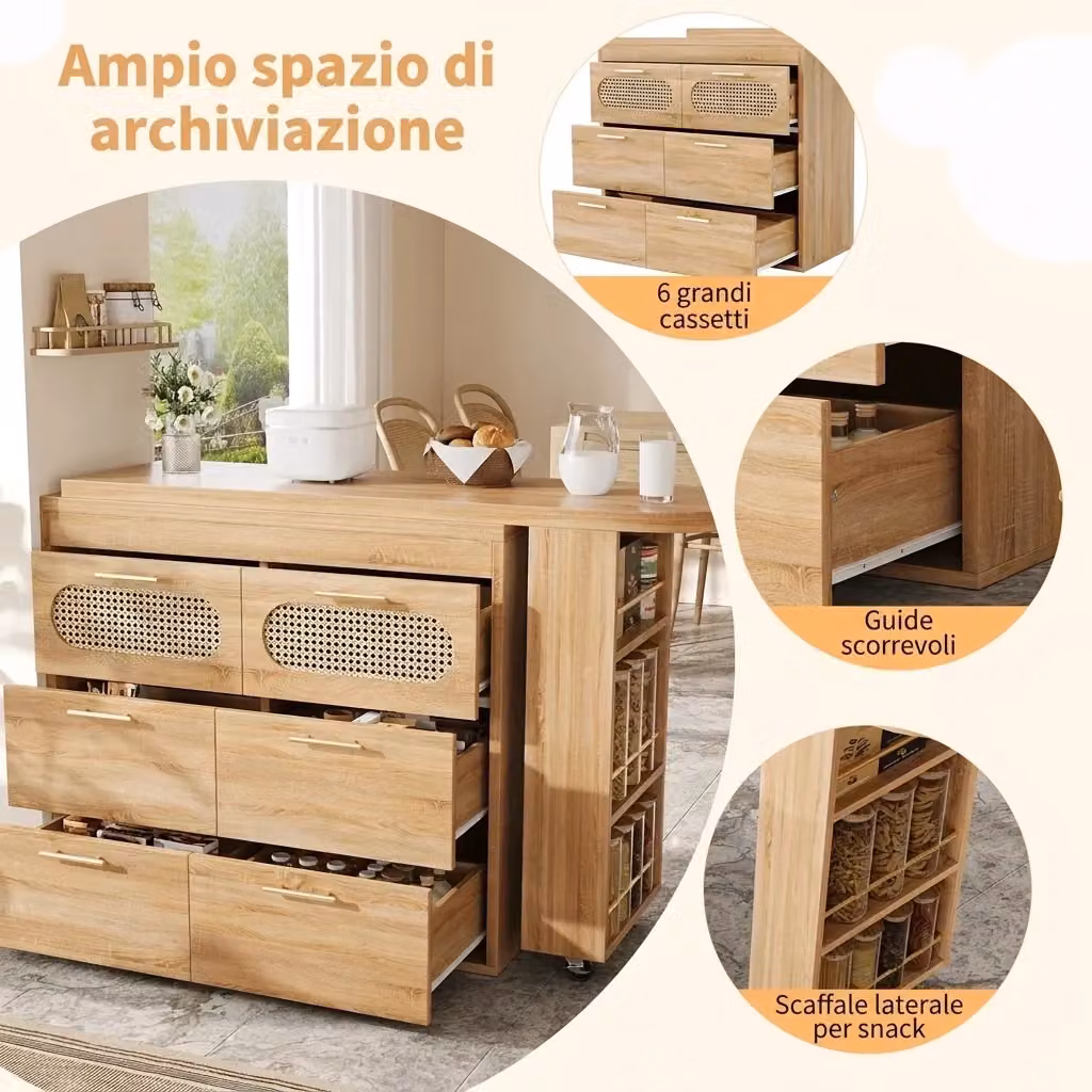 Tavolo da bar estensibile Vovees Living con piano girevole 360 e 6 cassetti in MDF e ante in rattan, colore marrone – 2