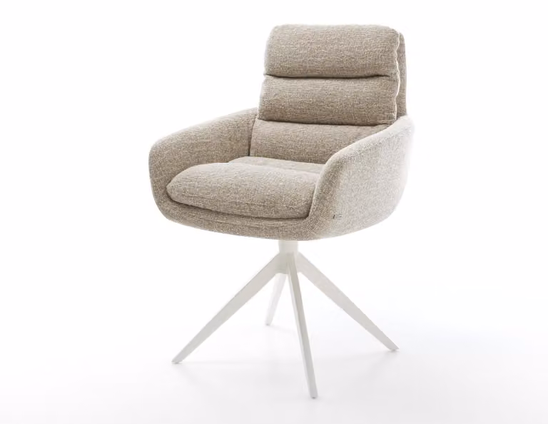 DELIFE sedia girevole Abelia-Flex con braccioli in tessuto morbido beige telaio trasversale largo bianco funzione dondolo ruotabile a 360°