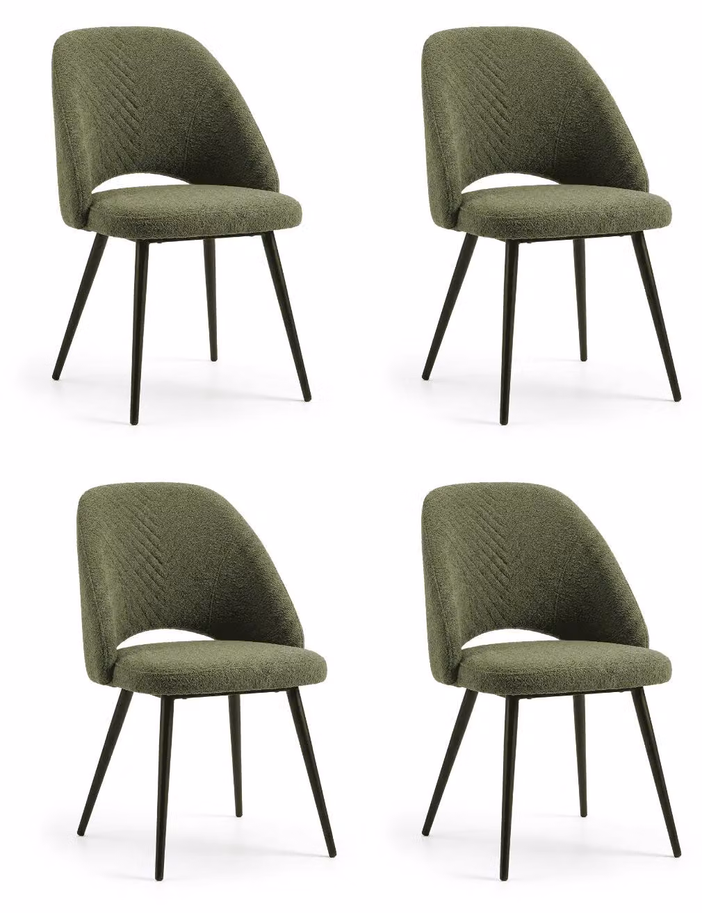 Set di 4 moderne sedie da pranzo, colore verde oliva, tessuto bouclé con motivo a rilievo