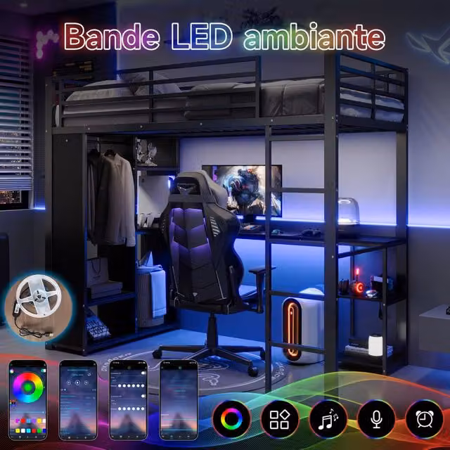 Letto alto nero 90×200 cm in metallo e MDF, con scrivania, luci LED, USB e Type-C, ripiani e armadio aperto, senza materasso