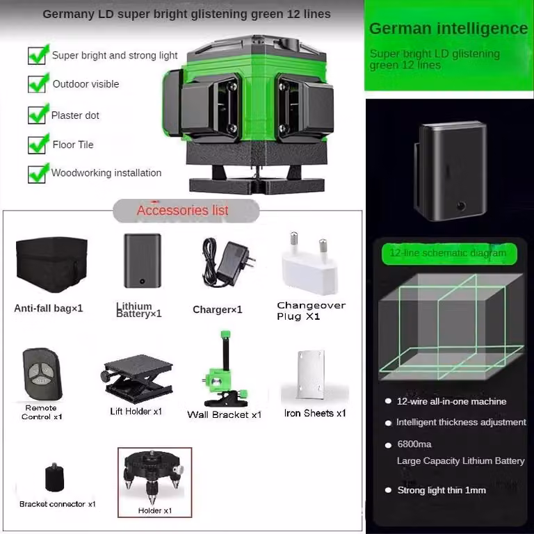 Livella laser a raggio verde - Laser a linee 4D con 12 linee - Autolivellante a 360° - Raggio verde - Orizzontale e verticale - Con batteria - Verde